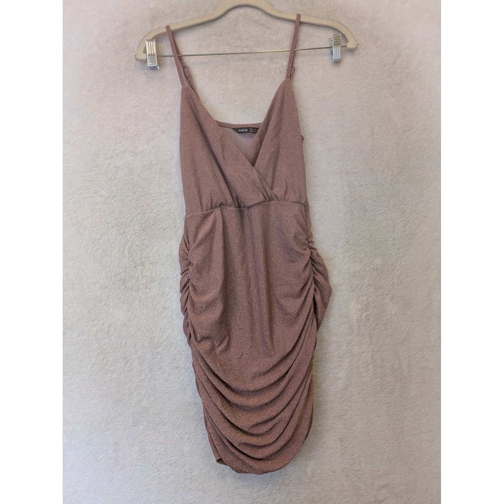 SHEIN Mini Dress Women's XS Rose Gold Shimmer Ruched Surplice Bodycon Party
